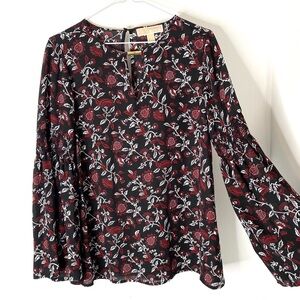 MICHAEL Michael Kors Black Red Wine Floral Boho Keyhole Flare Long Sleeve Blouse